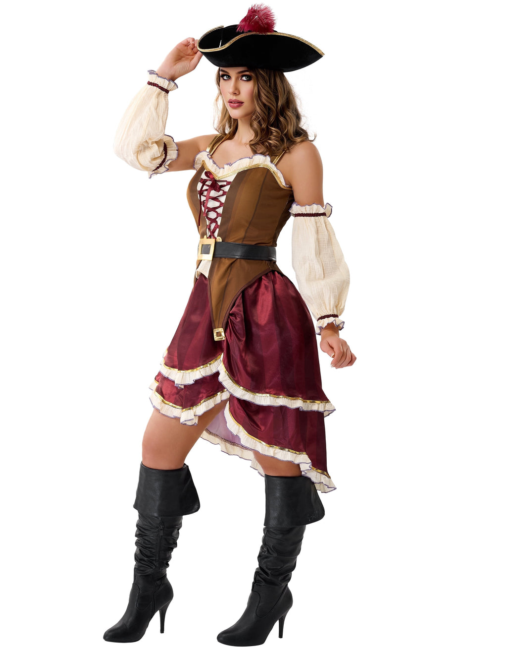 Joyfy Pirate Costume for Women Halloween Adult Pirate Dress with Pirate Hat for Halloween Costume Party Fancy-Dress Costume