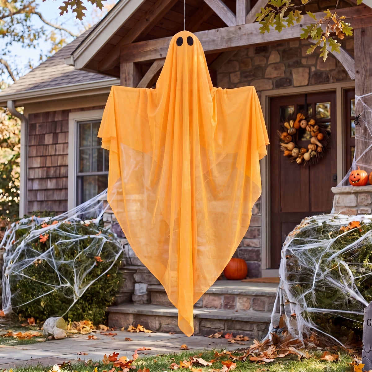 Joyfy 47" Halloween Hanging Light up Ghost Decorations Outdoor,White Ghosts with Blue LED Light and Timer Halloween Hanging Decoration Waterproof for Front Yard Patio Lawn