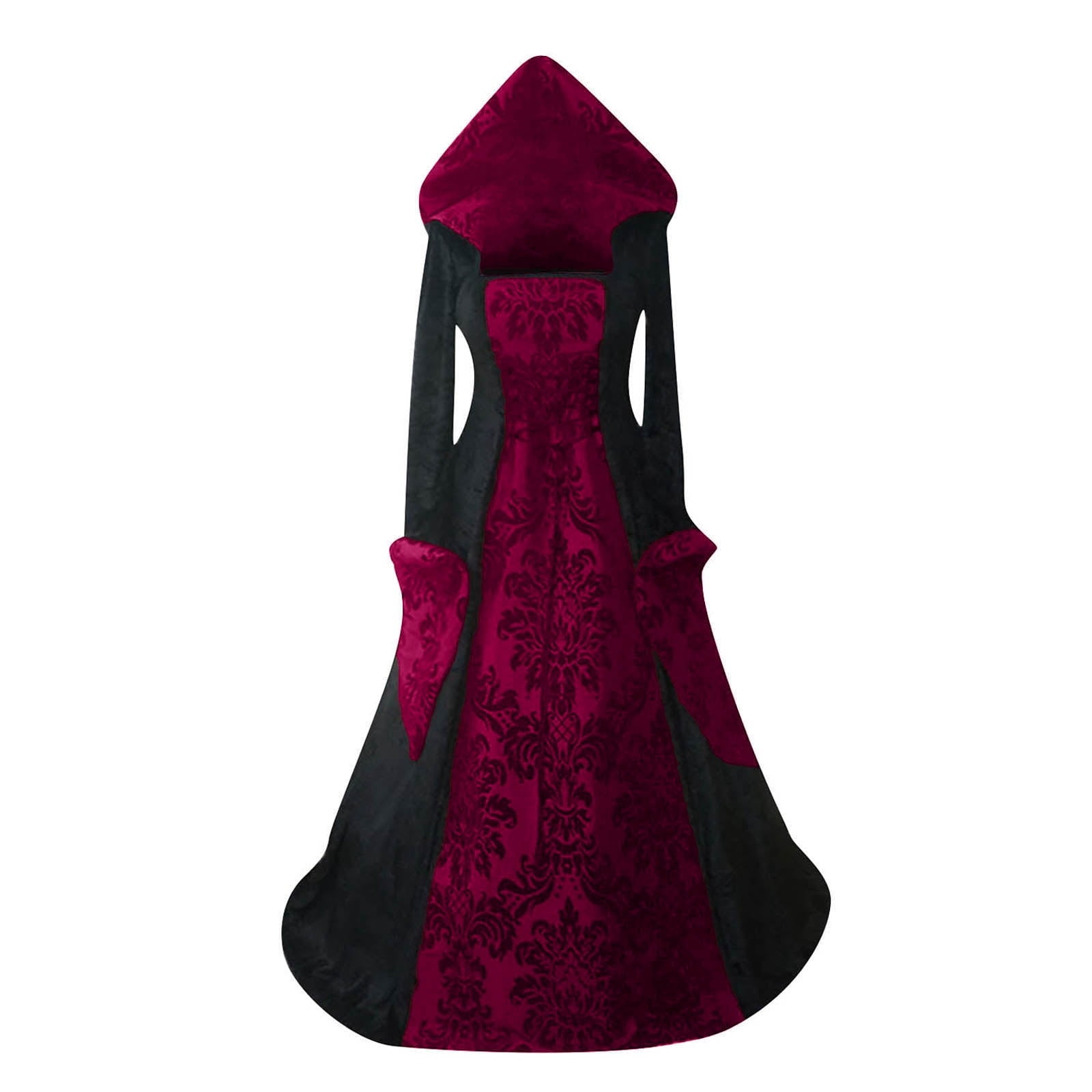 Medieval Damask Gown, Renaissance Witch Costume, Halloween Vampire Dress, Bell Sleeve Hooded Gown, Women Victorian Gothic Hooded Witch Dress Vampire Sorceress Vintage Renaissance Ball Gown, Red L