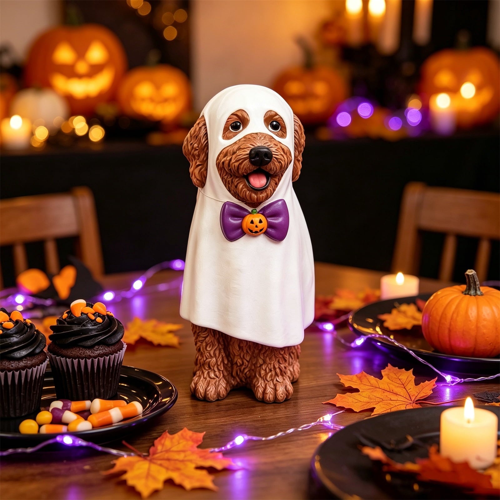 Gray Frenchie in Shark Costume Blow Mold, Halloween French Bulldog Statue with Light Up Pumpkin Decor, Cute Resin Outdoor Indoor Tabletop Dog Ornament, Entryway Patio Yard Decoration, 8"