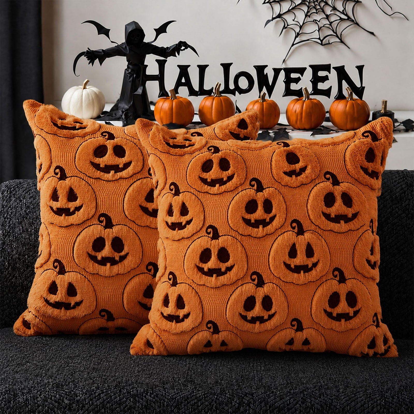 Halloween Ghost Reading Book Throw Pillow Cover, Spooky Library Bookshelf Skull Candlestick Decorative Pillowcase, Retro Halloween Cushion Cover