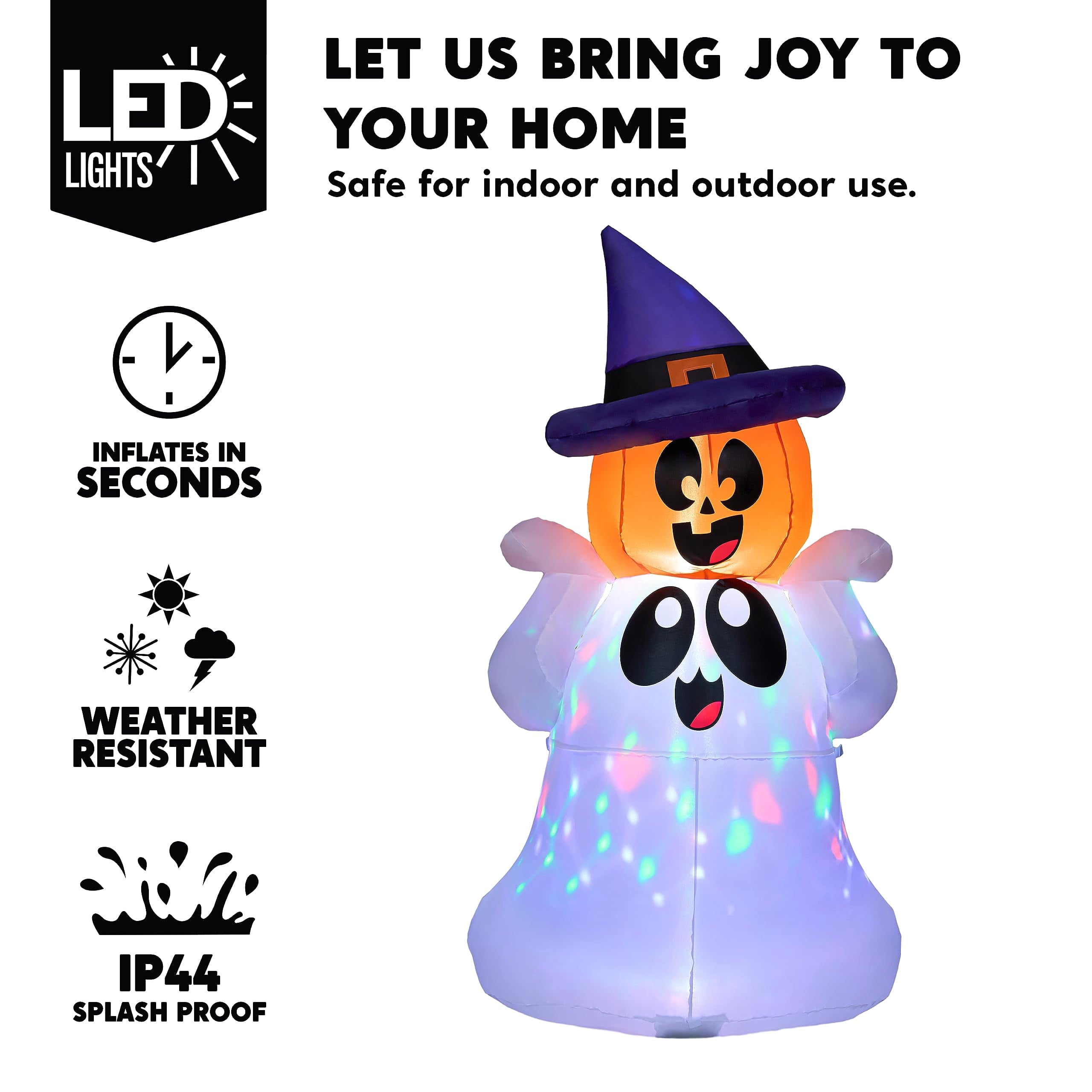 Joyfy 5Ft Halloween Inflatable Pumpkin Ghost with Colorful LED Lights,Halloween Blow Up Cute Decor for Indoor Outdoor Holiday Yard Decoration