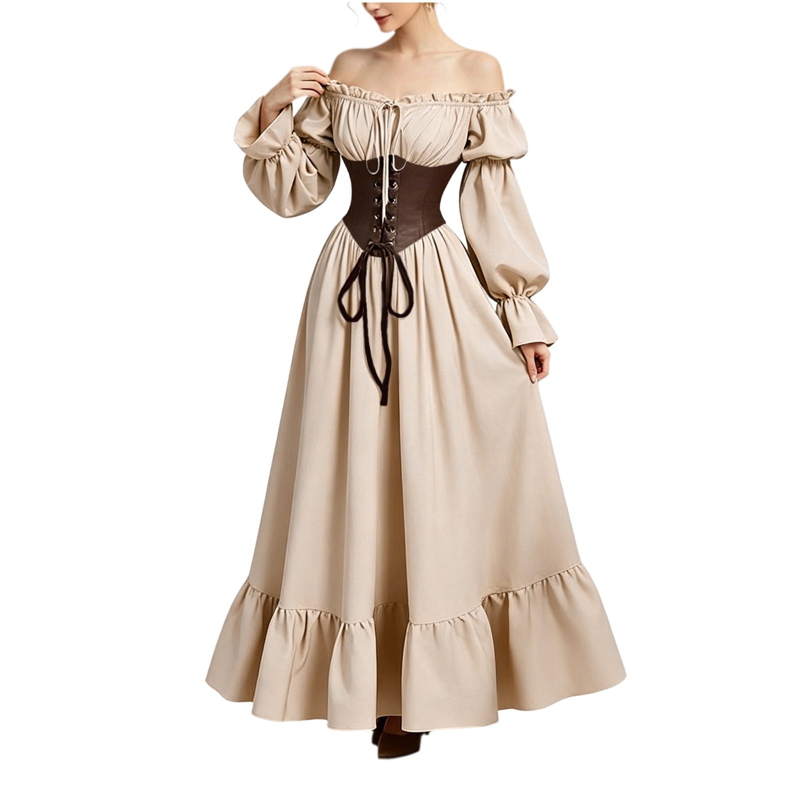 QATAINLAV Renaissance Costume Women Vintage Medieval Dress Cold Shoulder Short Sleeve Peasant Pirate Irish Maxi Dresses, Black, L