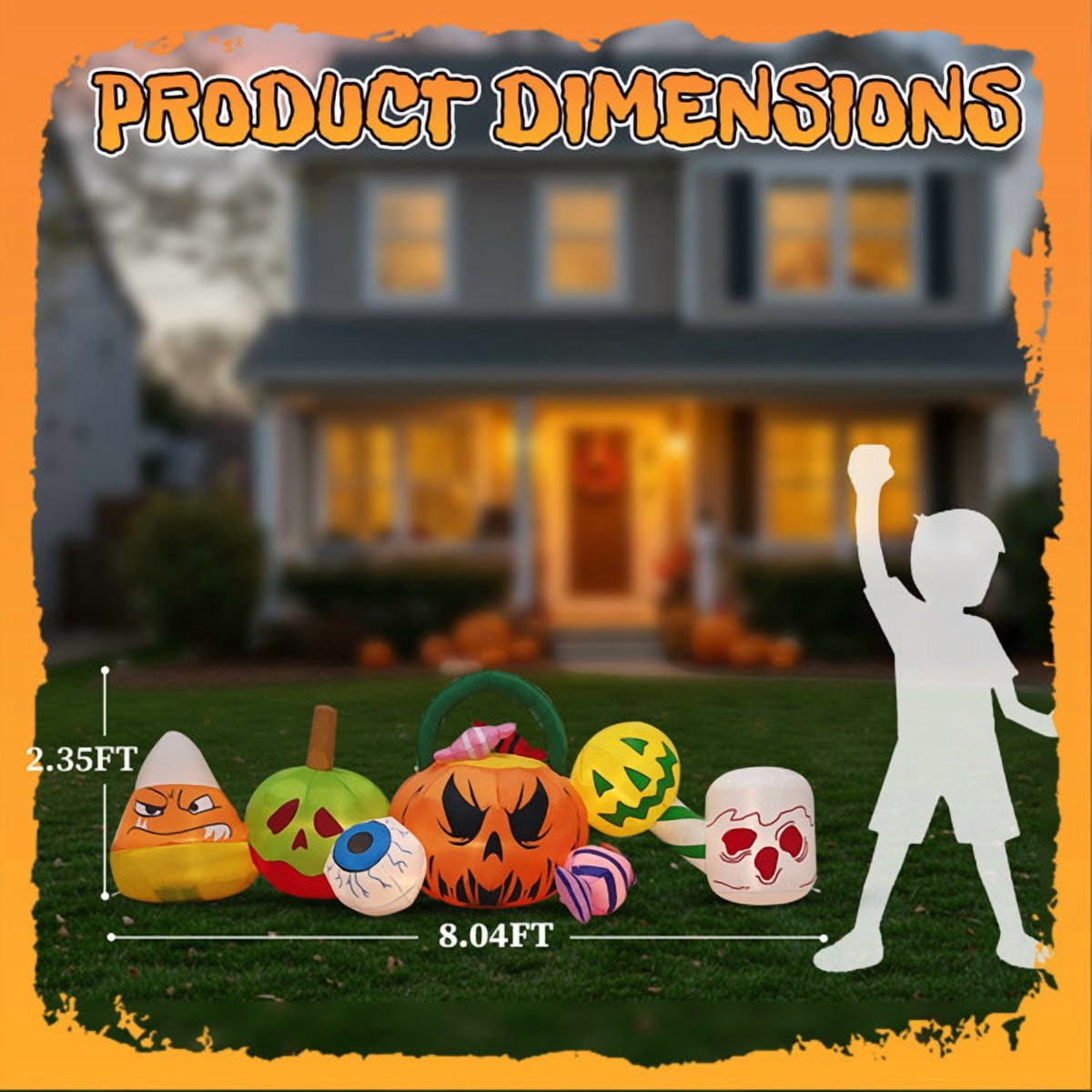 Alvantor 8 ft Long Halloween Inflatable Pumpkin Candy Display with Eyeball and 7 Warm White LED Lights