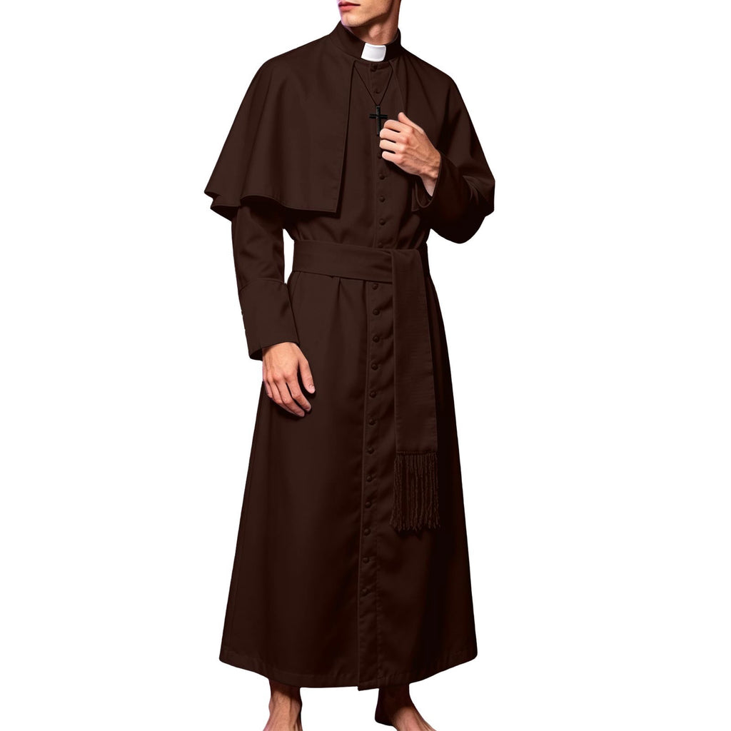 JOANKDMI Catholic Priest Costume for Men Clergy Cassock Robe with Capelet and Sash Halloween Party Outfit Religious Father Minister Fancy Dress for Men