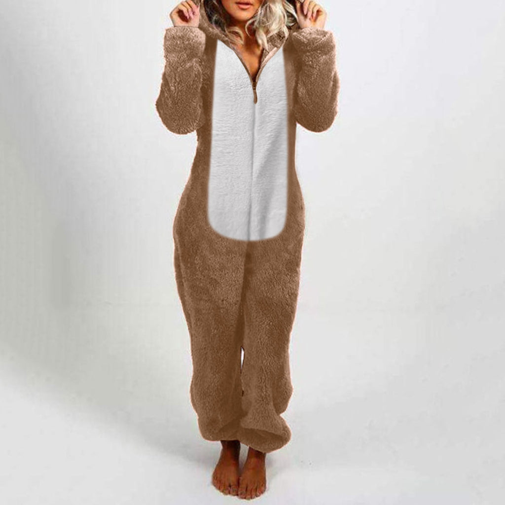 QATAINLAV Sherpa Fleece Jumpsuit for Women Winter Warm Fuzzy Onesie Pajamas Cute Cat Hooded Romper Casual Zip Up Overalls Sleepwear Black XL