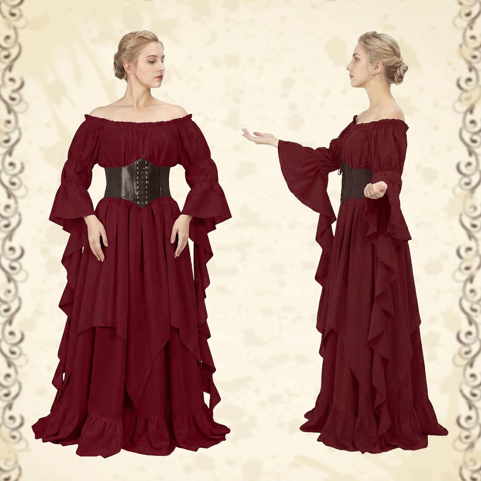 IROOZIGOTO Womens White Medieval Renaissance Maxi Dress Off Shoulder Long Flare Sleeve with Brown Lace Up Corset Belt Halloween Cosplay Costume