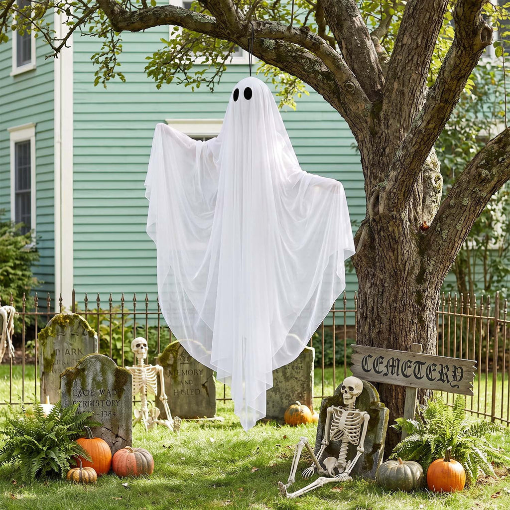 Ayieyill Halloween Ghost Decor with Warm White LED Light, 47” Light up Hanging Ghost Halloween Yard Porch Decorations Outdoor