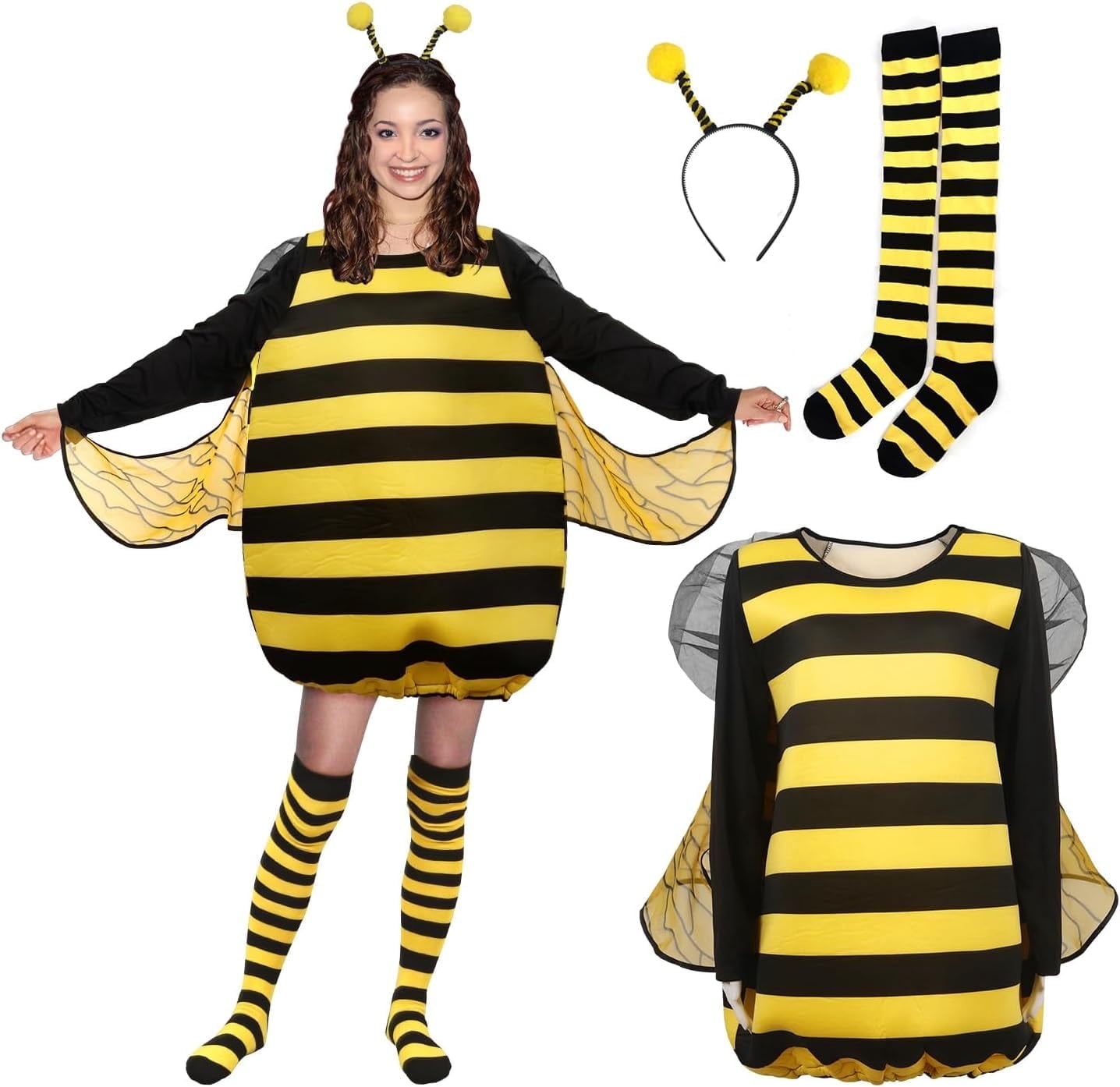 4 PCS Adult Bee Costume Bumble Bee Costume for Women Queen Bee Costume with Headpiece and Stockings
