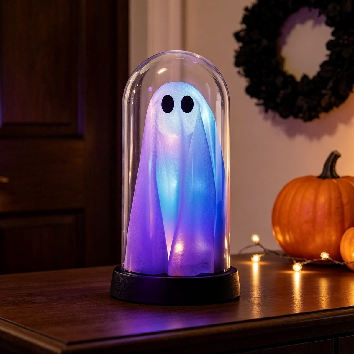 Darzheoy Halloween Decoration Ghost Cloche Lamp, with 3 Mini Figurines, Halloween Ghost Spooky, White Warm Glow, 1 Count