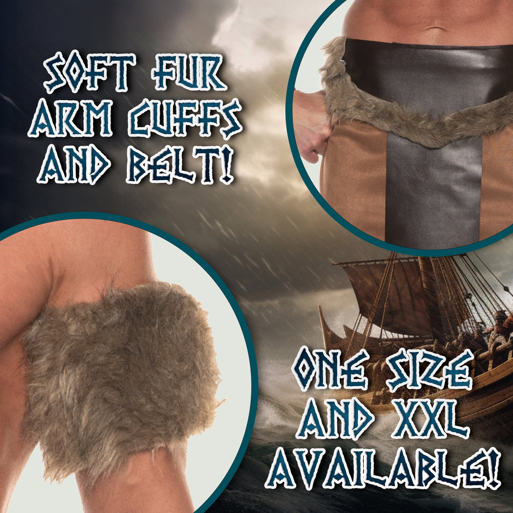 UNDERWRAPS Mens Halloween Barbarian Costume - Faux Suede Skirt Fur Trimmed Belt Fur Arm Cuffs, Renaissance Costume, Cosplay Medieval Outfit