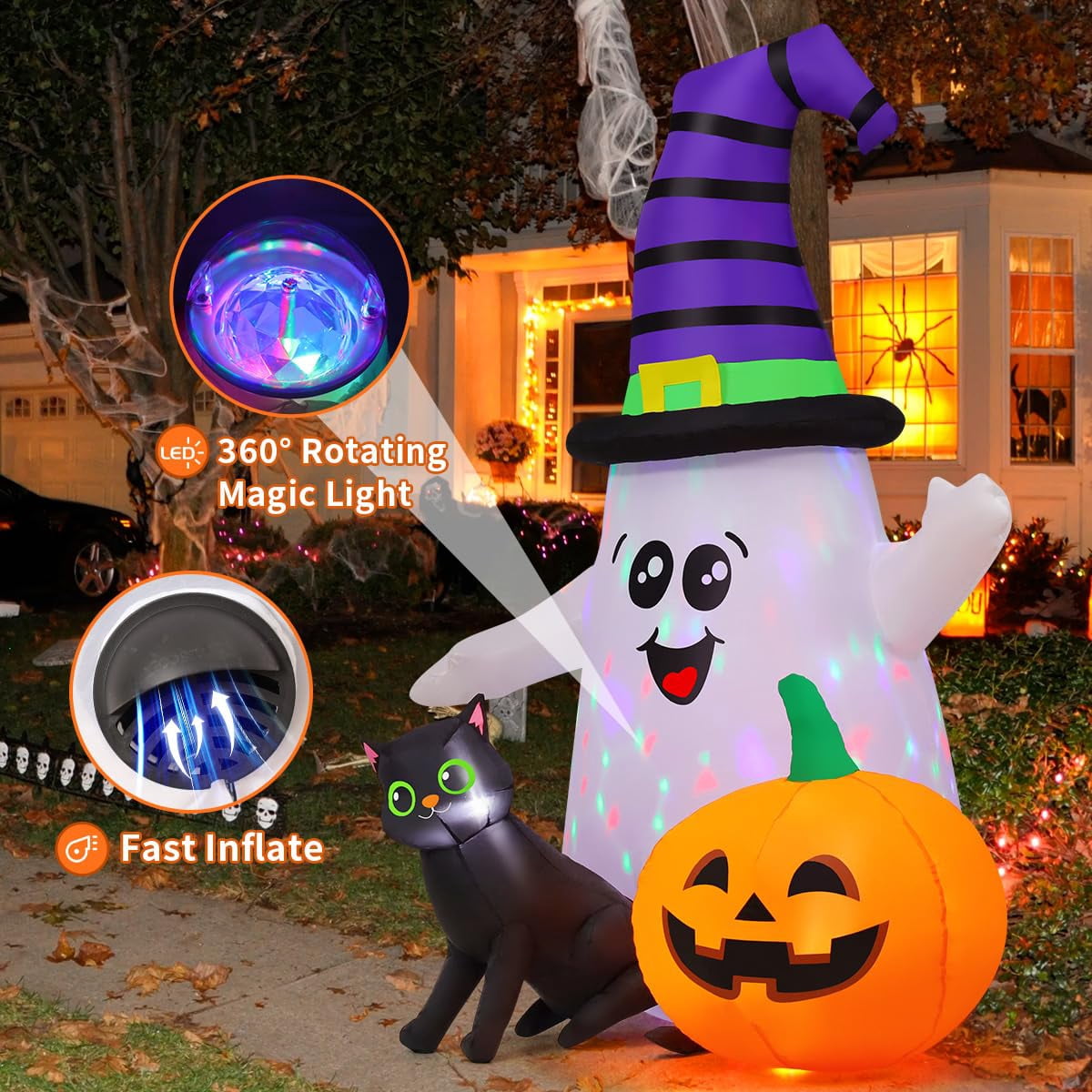 GOOSH Halloween Inflatables 5 FT Halloween Ghost Inflatable with LED Lights, Cute Ghost Blow Up with Wizard Hat Pumpkin Black Cat, Outdoor Halloween Decorations for Halloween Holiday Indoor Outdoor
