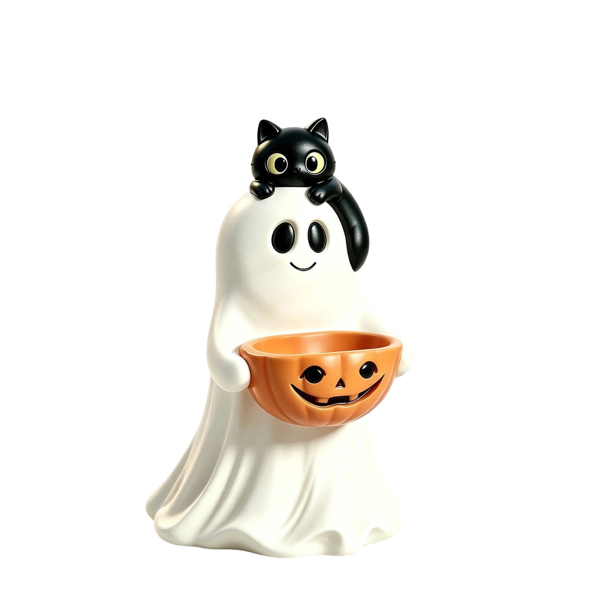 13.7" Halloween Ghost Figurine with Pumpkin Candy Bowl, Indoor Outdoor Safe Ghost Statue for Porch Yard Garden Decoration, Freestanding Halloween Porch Decor