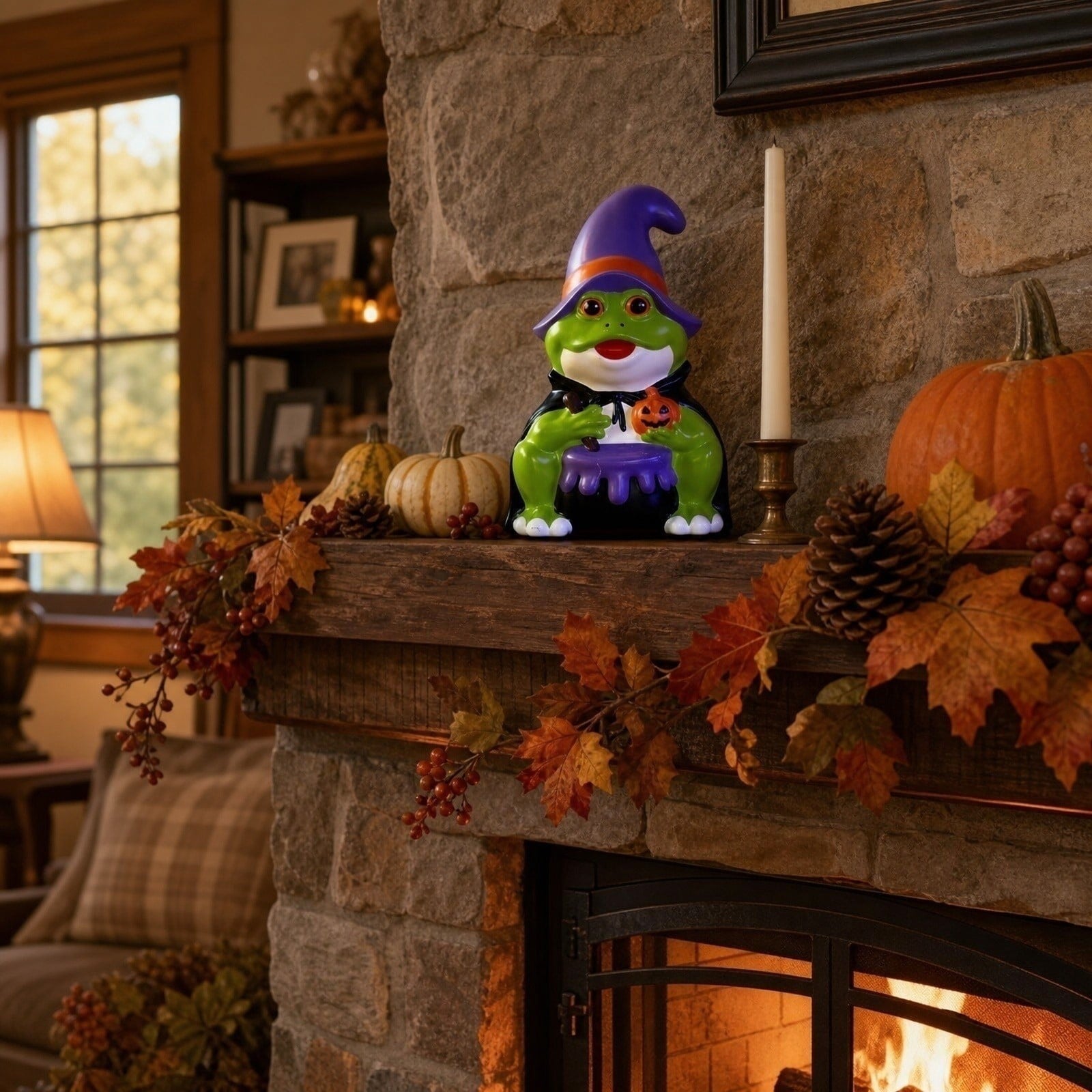 QLUEWX Halloween Witch Frog Blow Mold, Green Witch Hat Frog Figure with Lighted Blow Mold Style, Light Up Frog Statue for Porch Yard Haunted House Indoor Outdoor Home Halloween Decoration