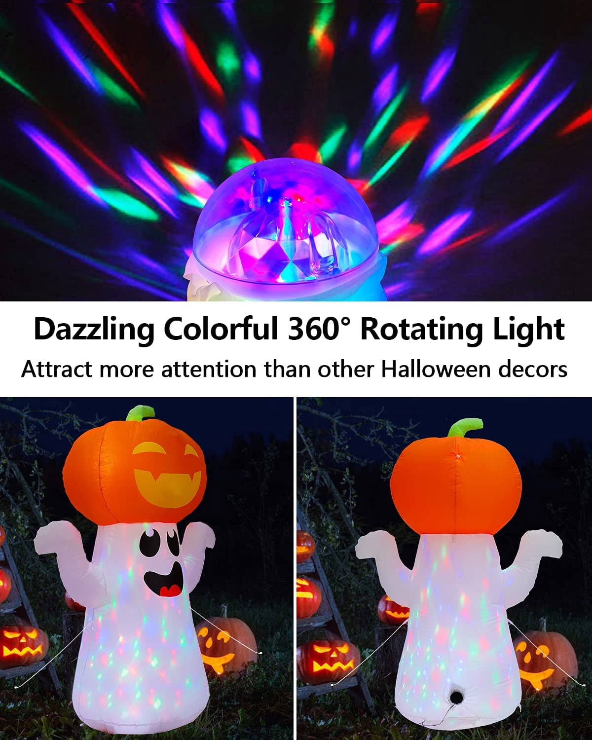 5FT Halloween Inflatable Pumpkin with 360° Rotating LED Lights, Outdoor/Indoor Decor