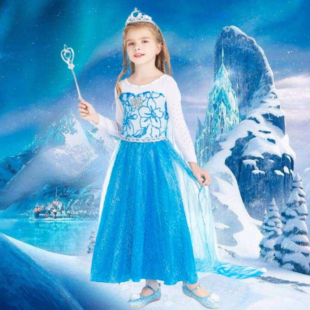 Jurebecia Princess Dress for Girls Birthday Party Blue Costume up Toddlers Kids Christmas Halloween Cosplay Clothes with Accessories 6T(5-6Years)