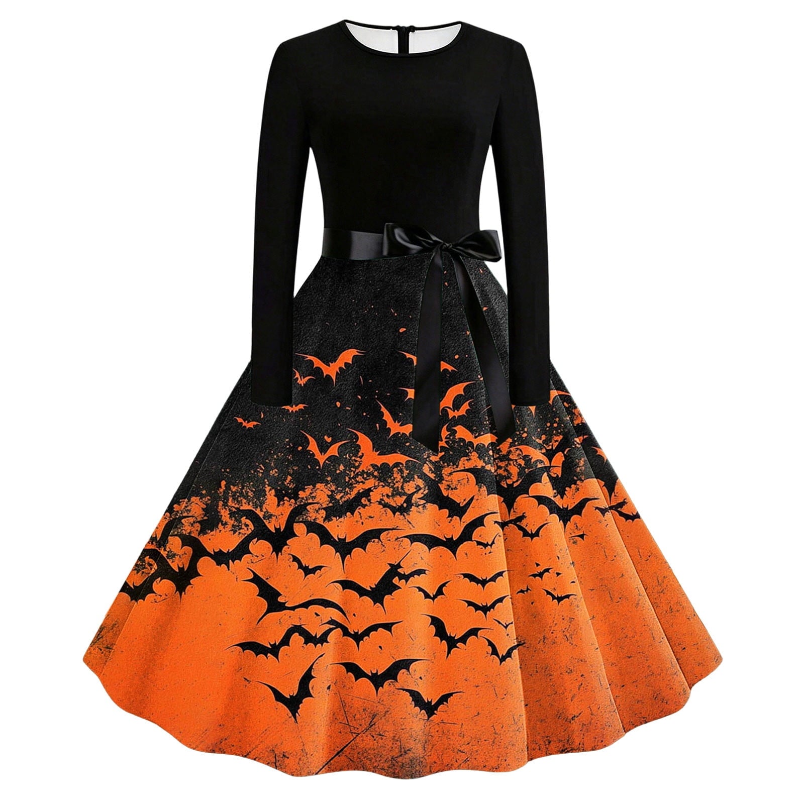 Women's Vintage Halloween Bat Print Swing Dress Long Sleeve 1950s Retro A-Line Midi Dresses with Satin Sash Belt for Gothic Cosplay Evening Prom Party
