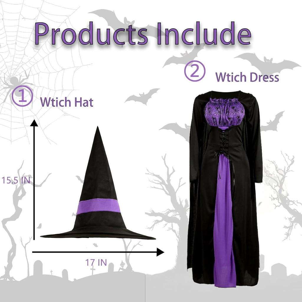 Women's Witch Costume Halloween Gothic Witch Dress with Witches Cape and Wicked Witches Hat