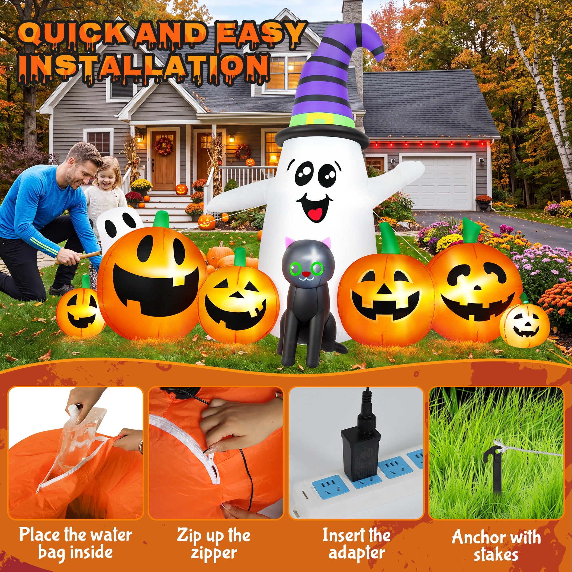 Yexmas 8 FT Long Halloween Inflatable Ghost with Witch Hat, 6 Pumpkins Halloween Blow Ups with Black Cat for Halloween Party Outdoor Yard Garden Lawn Decor