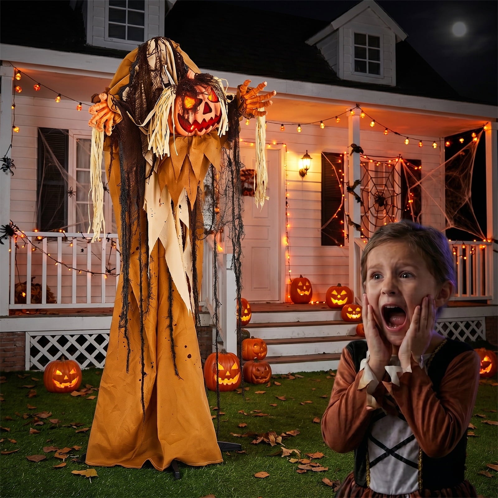 Ktaxon 6ft Pumpkin Man Animated Animatronic Decoration Creepy Halloween w/ Classic Cape Creepy Cloaked Jack-o'-Lantern for Porch & Yard