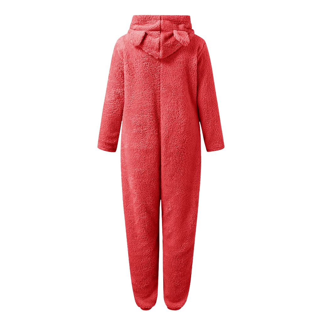 QATAINLAV Sherpa Fleece Jumpsuit for Women Winter Warm Fuzzy Onesie Pajamas Cute Cat Hooded Romper Casual Zip Up Overalls Sleepwear Black XL
