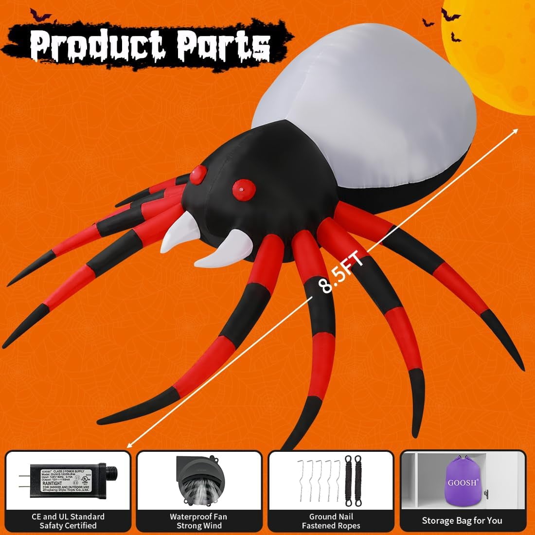 GOOSH Halloween Inflatable 8.5 FT Halloween Spider Inflatable, Giant Blow Up Spider with Built-in Lights, Outdoor Inflatable Halloween Decorations Halloween Blowup for Holiday/Party/Yard