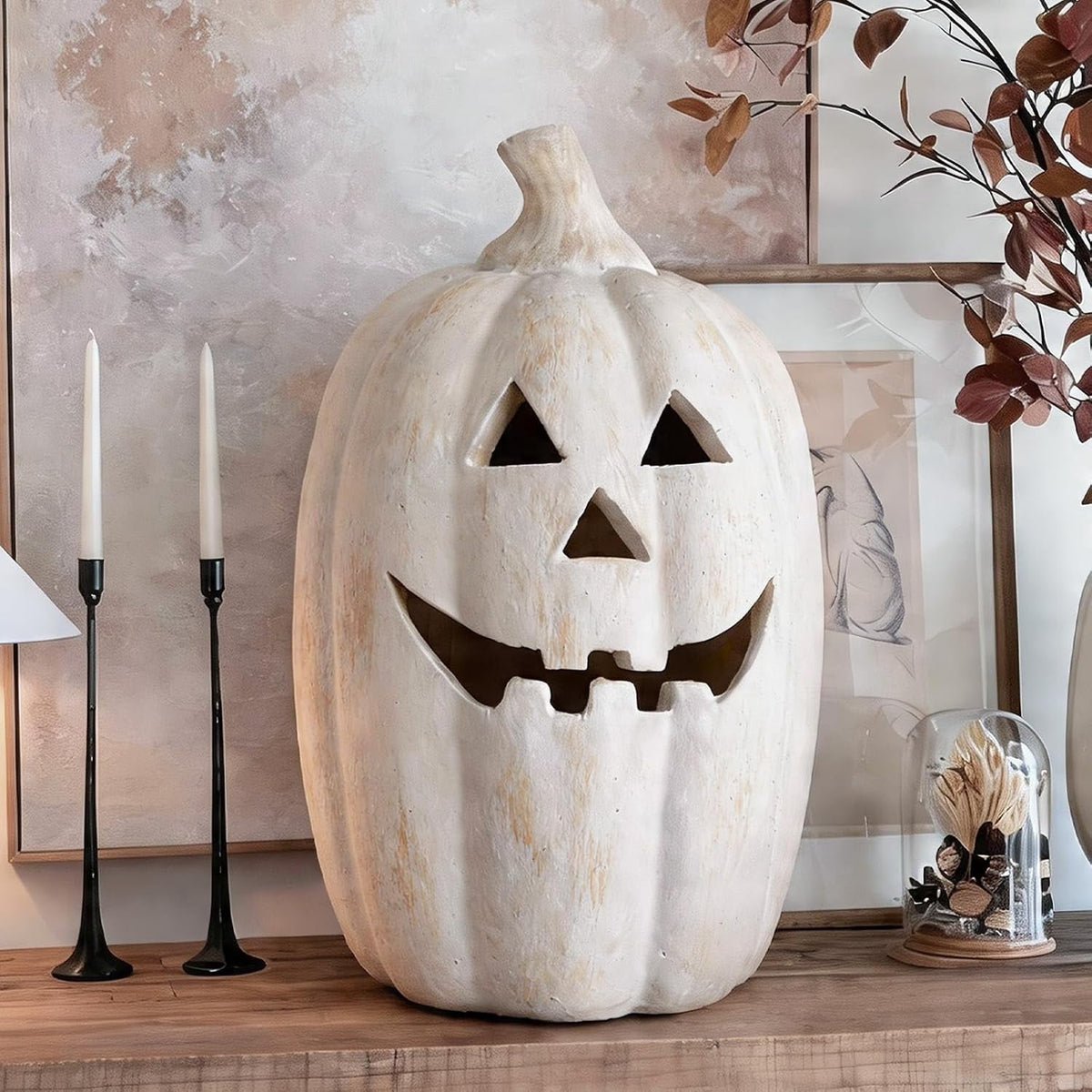 Fall Decorations for Home - Halloween Decor Indoor - 7.87" H White Handmade Resin Pumpkin Jack O' Lantern with Flameless Candle - Outdoor Decoration for Front Door Porch Mantel Kitchen Living Room