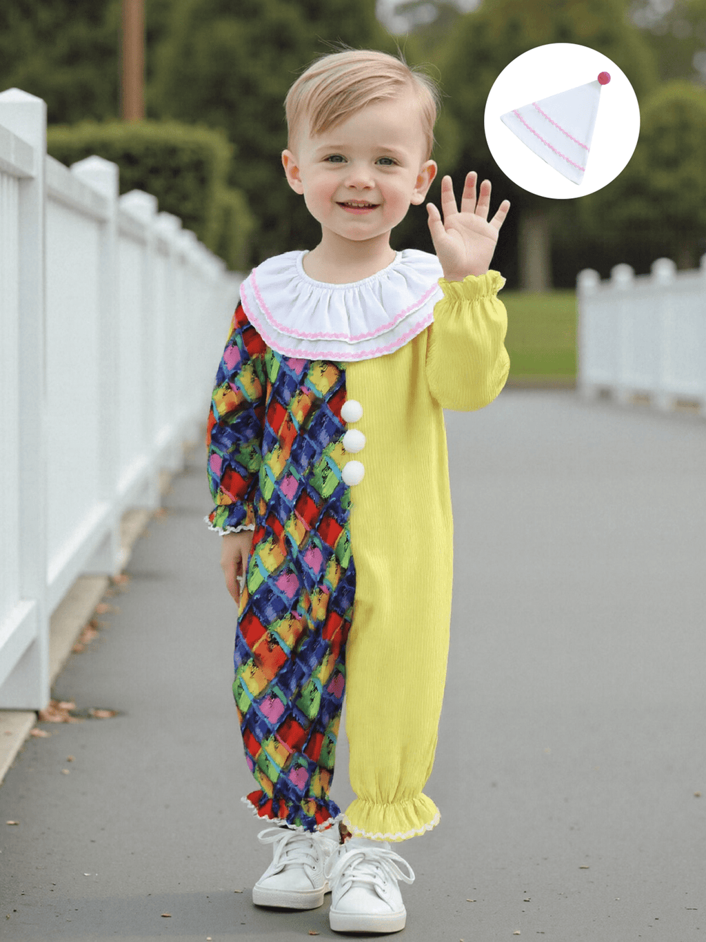 RUINIXCW Kids Toddler Baby Girl Boy Halloween Outfit Clown Costume Infant Baby Girl Boy Romper Birthday Photoshoot Outfit Contrast Color Long Sleeve Jumpsuit Hat