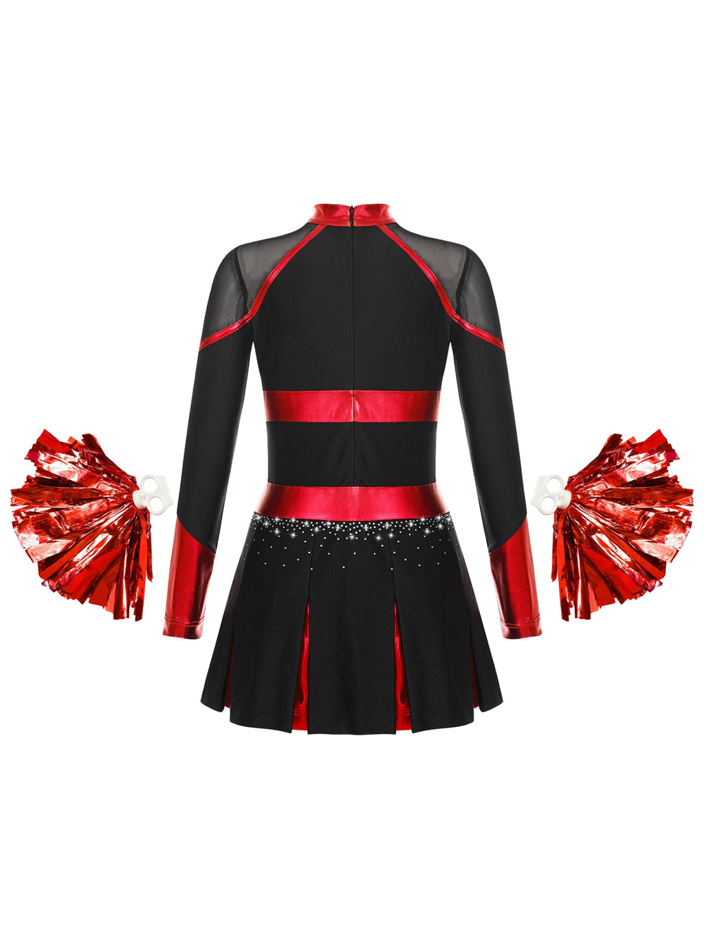 YEAHDOR Cheer Team Uniform for Schoolgirls Cheerleading Outfit Carnival Masquerade Costume Dress with Hand Flower Balls Black&Red 14