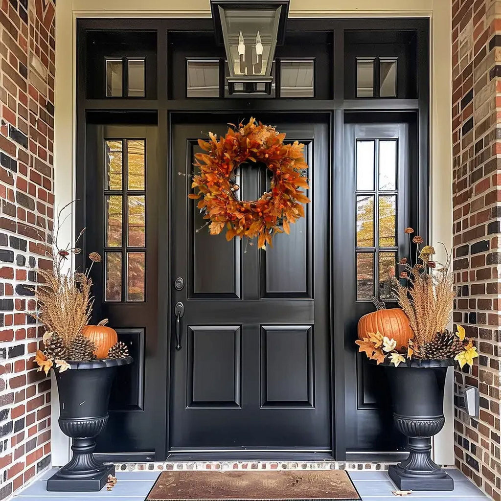 Fall Wreath Pumpkin Wreath Halloween Wreath for Front Door with Maple Leaves Harvest Wreath for Door Window Porch Thanksgiving Halloween Decor