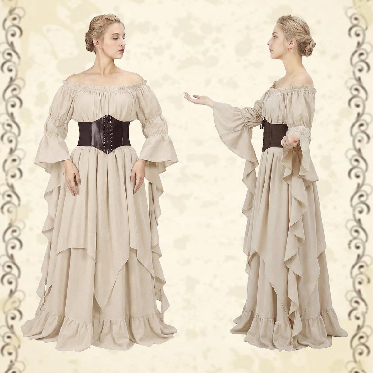 IROOZIGOTO Womens White Medieval Renaissance Maxi Dress Off Shoulder Long Flare Sleeve with Brown Lace Up Corset Belt Halloween Cosplay Costume
