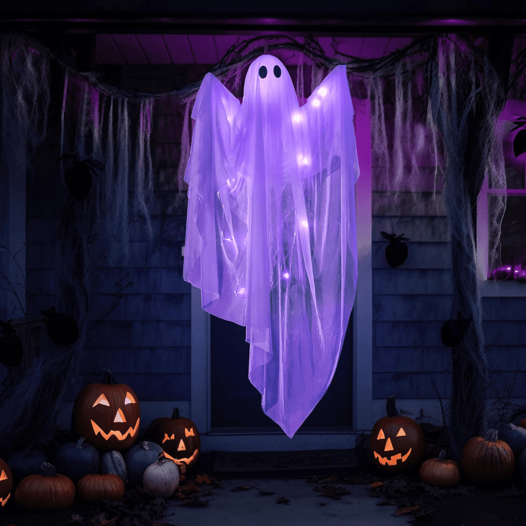 Ayieyill Halloween Ghost Decor with Warm White LED Light, 47” Light up Hanging Ghost Halloween Yard Porch Decorations Outdoor