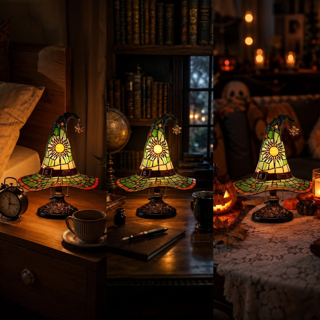 Clearance Halloween Table Lamp Decorations, Witch Hat Lamp Gifts - Handcrafted Retro Resin Witch Lamp, USB Powered Gothic Wizard Hats Night Light, Home Decor Accent Lamps for Bedroom