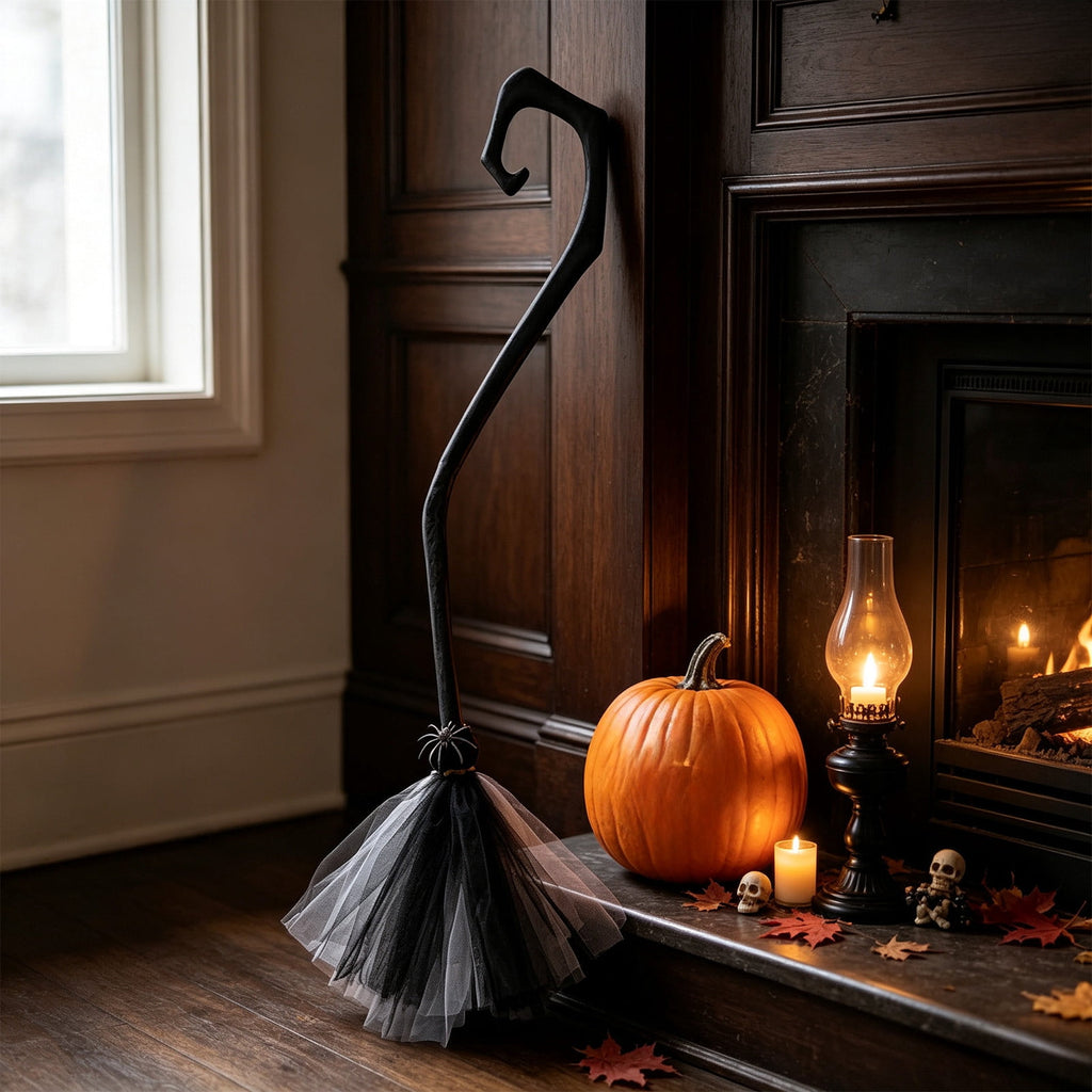 Halloween Witch Broom Cane with Ribbons, 38.2" Witches Broomstick for Wizard Costume Party, Photo Booth Accessory Stage Prop, Halloween Decoration, D