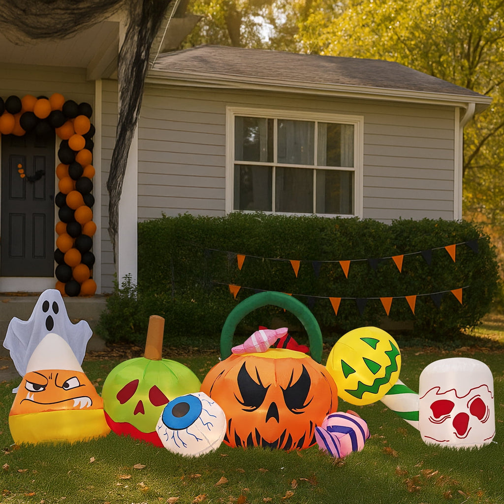 Zimtown 8 FT Halloween Inflatables Pumpkin Candy, Halloween Decoration Blow up Pumpkins and Eyes w/ Build-in LEDs for Halloween Party
