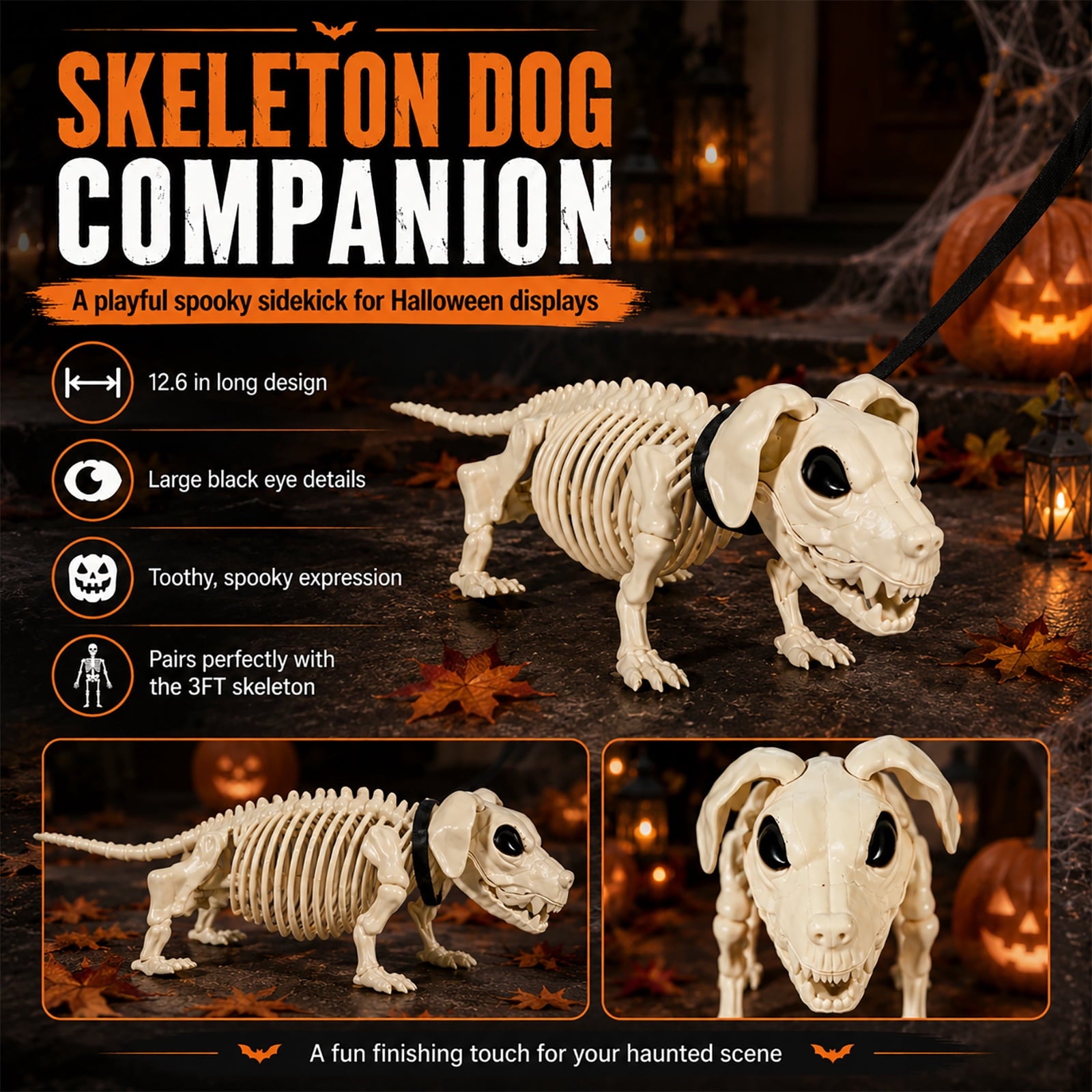 DAKIMOE Halloween Outdoor Decoration Skeleton with Skeleton Dog & Leash 2.9 Ft Skeleton Walking Dog Halloween Party Decoration Yard Lawn Garden Patio Party Decor