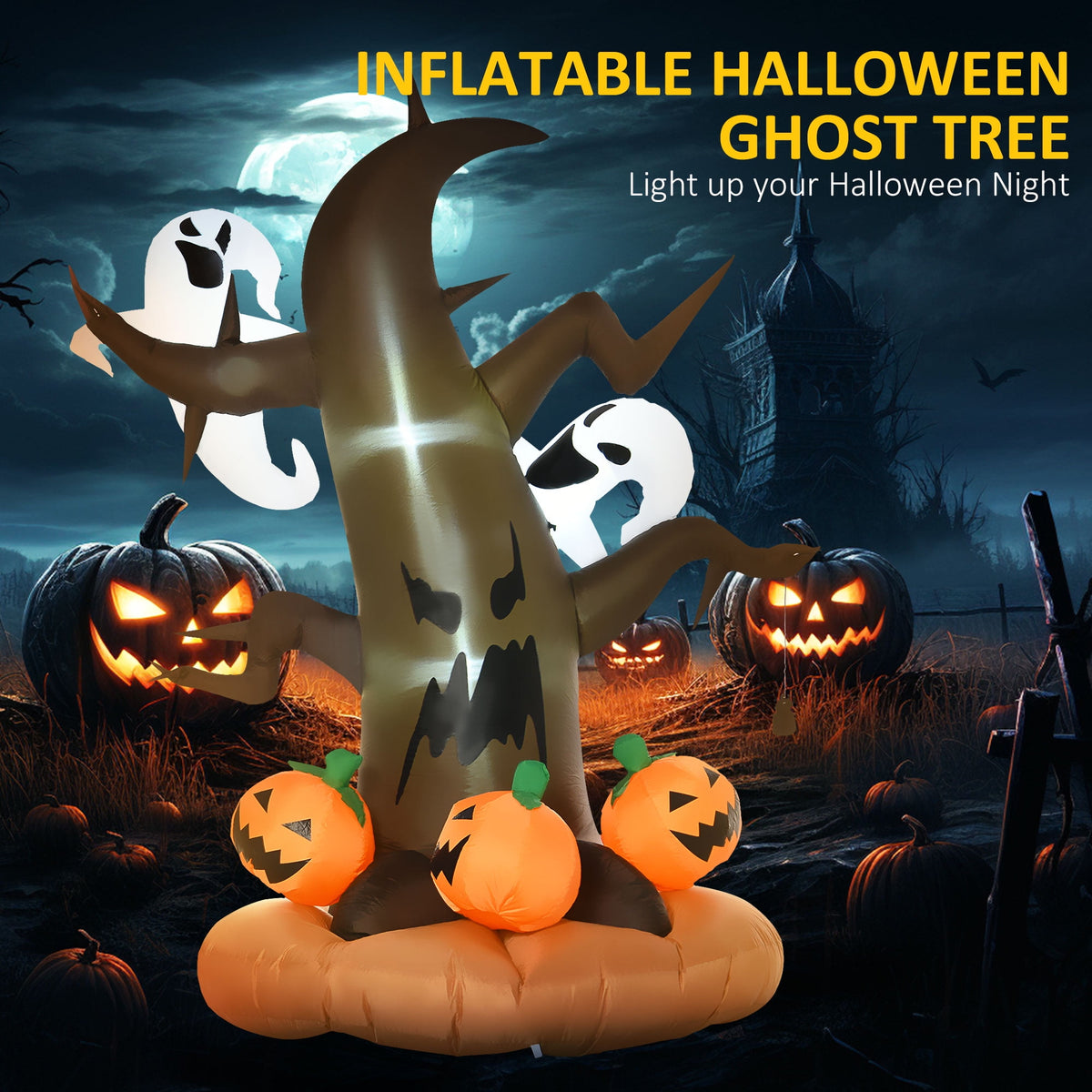 HOMCOM 7.5' Tall Lighted Halloween Inflatables Outdoor Decorations Haunted Tree With Owl, Ghost, Pumpkins, Blow Up LED Yard Decor for Garden, Lawn, Party, Holiday, Waterproof