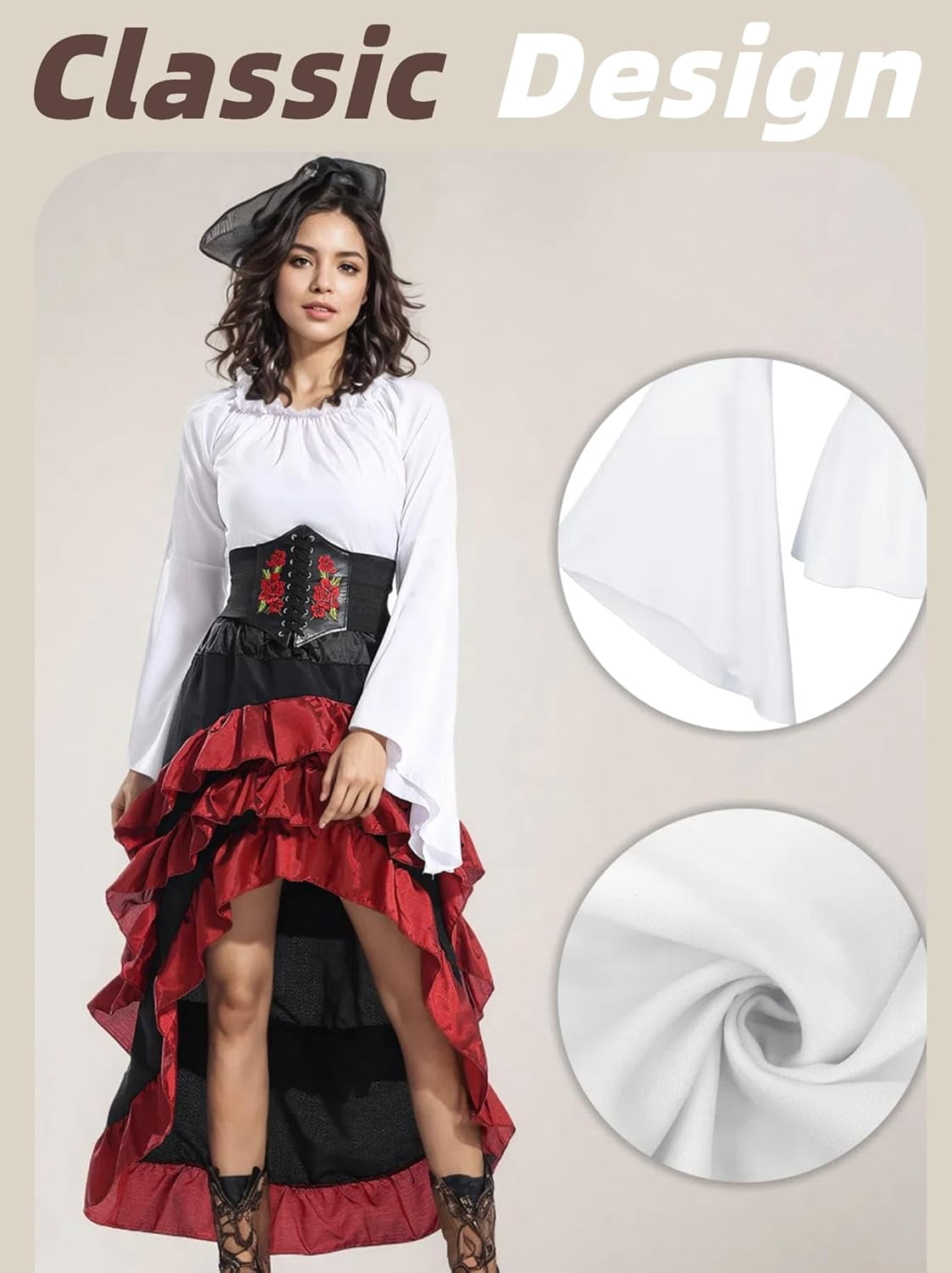 2026 Halloween Pirate Costume Women, Fancy Dress Cosplay Costumes Set with Renaissance Pirate Shirt Skirt Corset Waist Belt