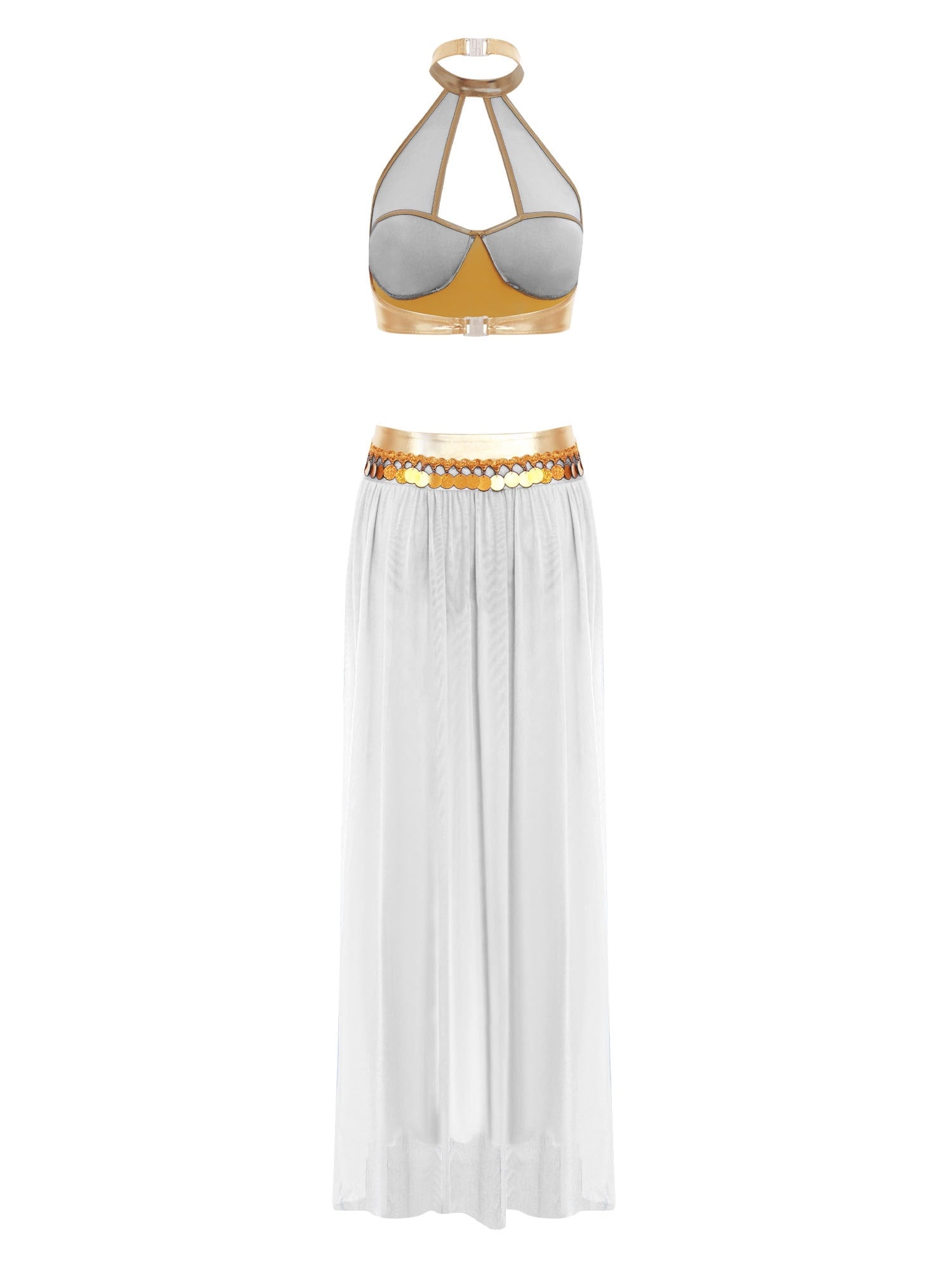YiZYiF Women's Belly Dance Costume Halter Crop Top with Sequin Tassel Split Mesh Long Skirt 2Pcs Set Red A S