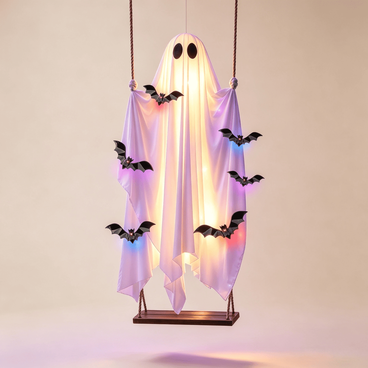 Halloween Decorations Outdoor - 5 FT Large Hanging Swing Ghost Halloween Decor with String Lights, Spooky Cute Ghosts Decorations for Front Porch Yard Tree