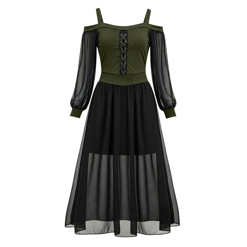 JOANKDMI Women's Gothic Midi Dress Elegant Vampire Costume Cold Shoulder Sheer Long Sleeve Lace-up Corset for Roleplay Halloween Party Outfit Chic, S-3XL