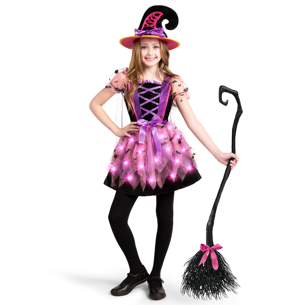Joyfy Kids Witch Costume, Girls Light Up Witch Costume with Hat and Broom Outfits Set for Toddler Halloween Dress up Cosplay