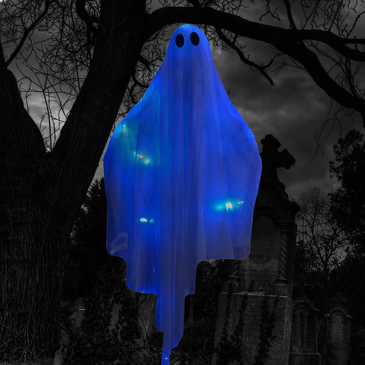 Ayieyill Halloween Ghost Decor with Warm White LED Light, 47” Light up Hanging Ghost Halloween Yard Porch Decorations Outdoor