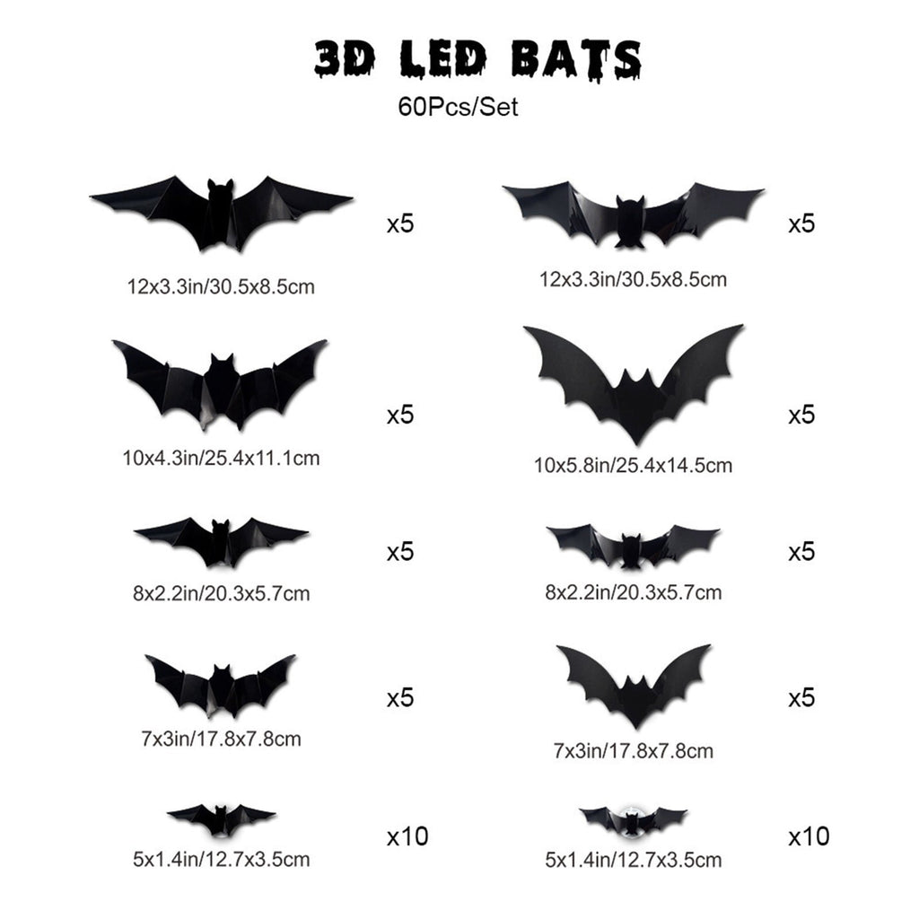 CQHVKQ 60 PCS Halloween Bats Decorations, Realistic 3D LED Bats Wall Stickers Decor, Assorted Size Removable Lighted PVC Bats DIY Wall Sticker for Halloween Party, Bedroom, Home, Indoor and Outdoor