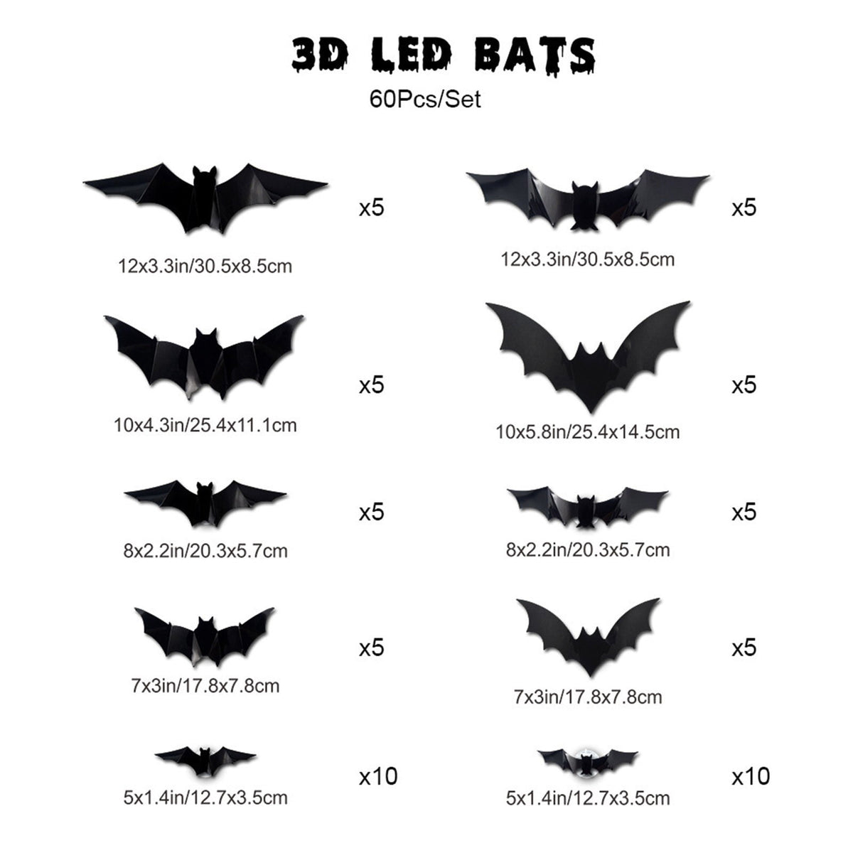 CQHVKQ 60 PCS Halloween Bats Decorations, Realistic 3D LED Bats Wall Stickers Decor, Assorted Size Removable Lighted PVC Bats DIY Wall Sticker for Halloween Party, Bedroom, Home, Indoor and Outdoor
