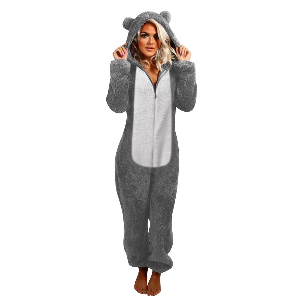 QATAINLAV Sherpa Fleece Jumpsuit for Women Winter Warm Fuzzy Onesie Pajamas Cute Cat Hooded Romper Casual Zip Up Overalls Sleepwear Black XL