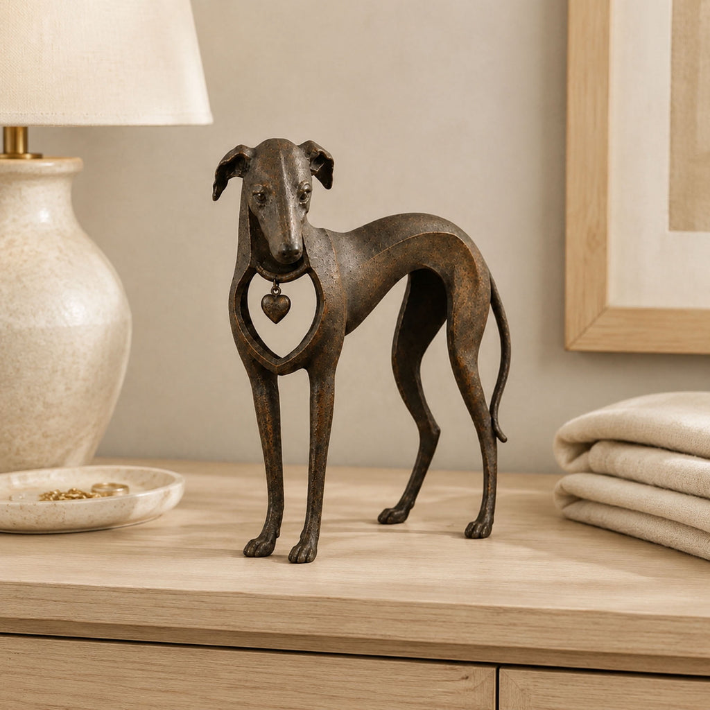 Whippet Dog Figurine, Rustic Bronze Heart Collar Resin Sighthound Decor for Shelf, Home Decor