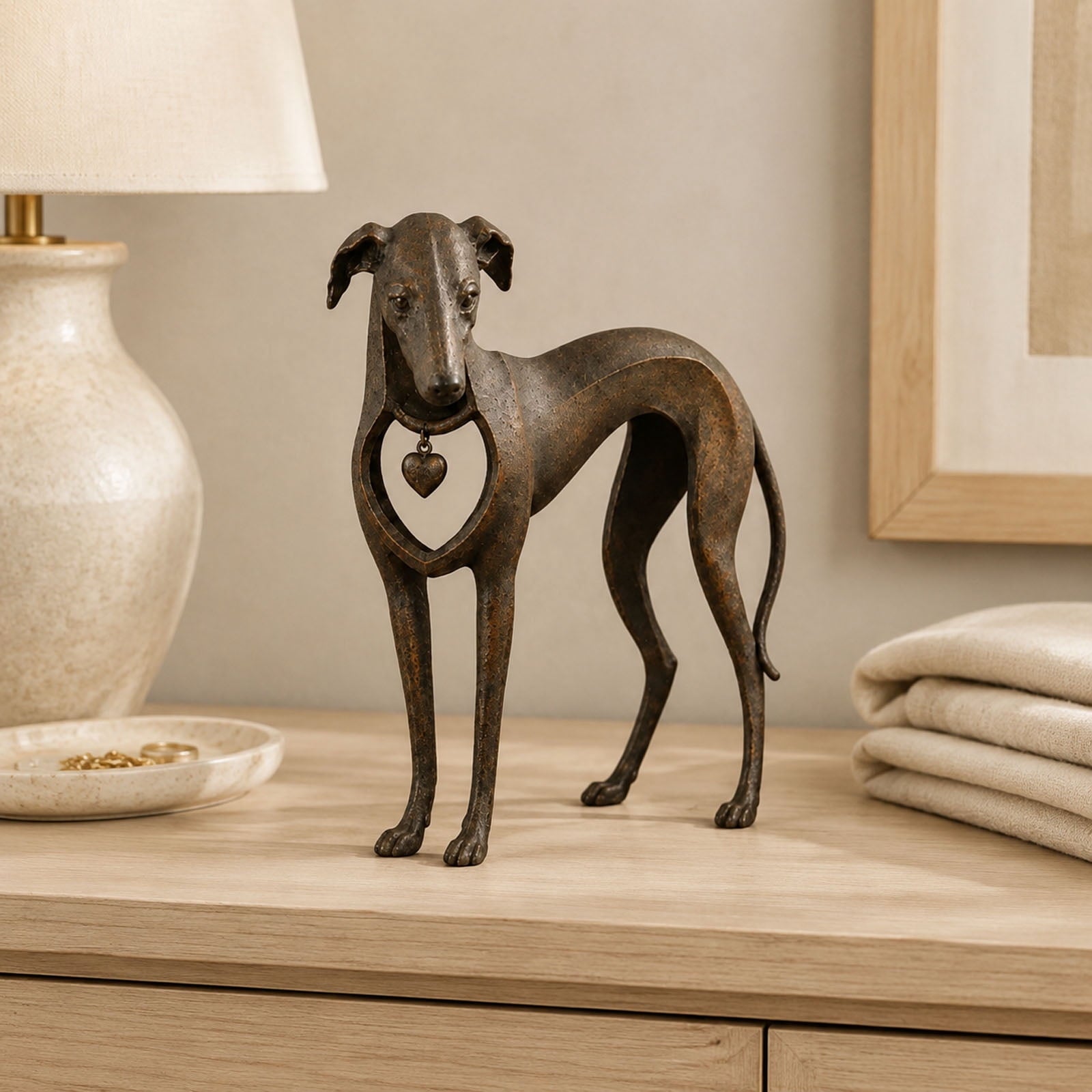 Whippet Dog Figurine, Rustic Bronze Heart Collar Resin Sighthound Decor for Shelf, Home Decor