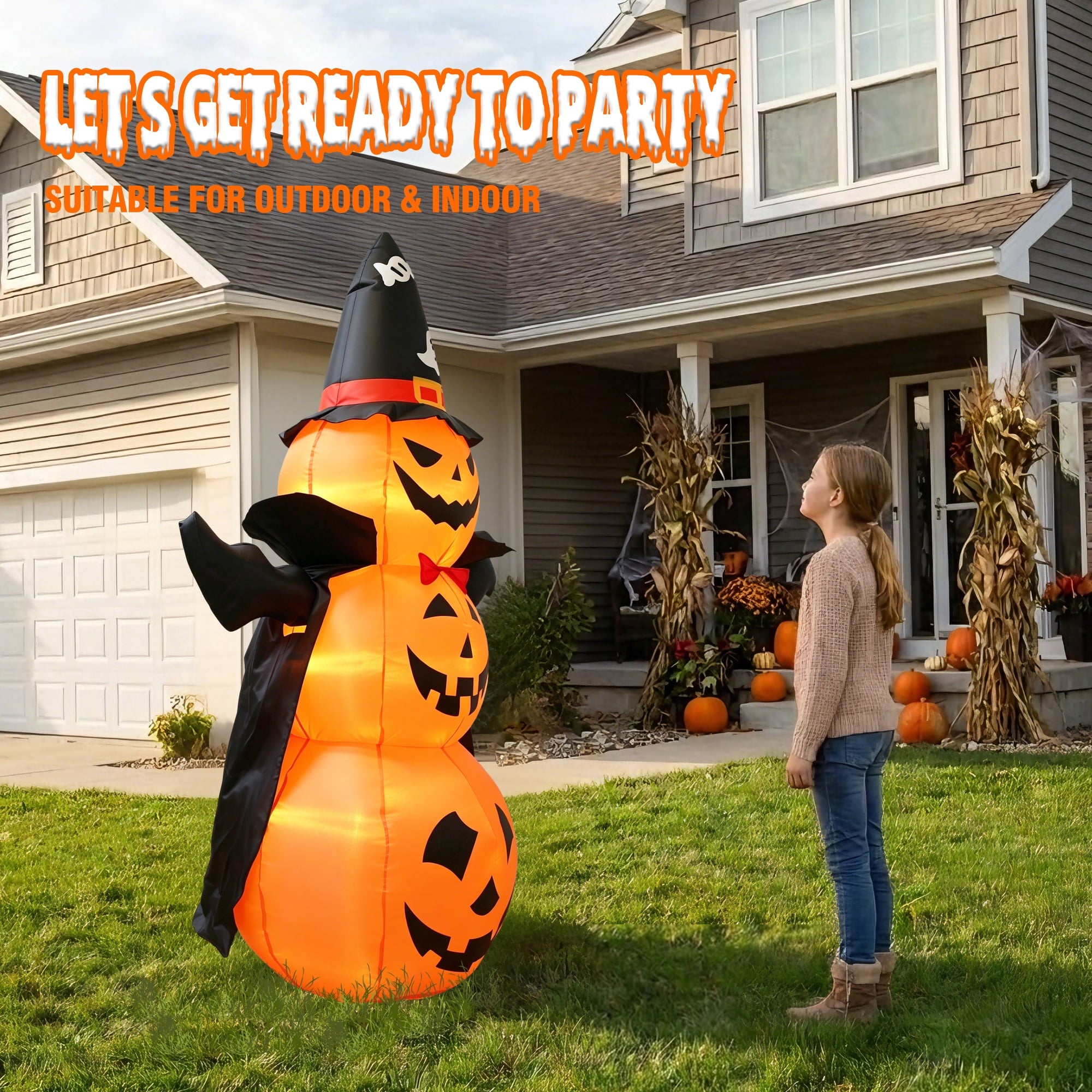 MAGOTAN 9 FT Halloween Inflatables Archway Outdoor Decorations Pumpkin Ghost Archway Halloween Inflatable Blow Up Pumpkin Tombstone Decoration Build-in LED Lights