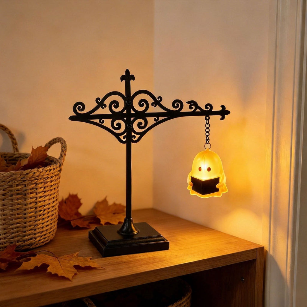 LOWLHOME Halloween Blow Mold Ghost with Black Cat, Halloween Glowing Spooky Decor Cute LED Lamp, Ghost Pumpkin Night Light, Shelf Battery Operated Table Ornament, 11.8"